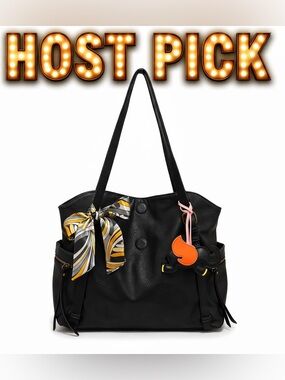 Miztique Black Tote Bag with Scarf Accent and Bag Charm